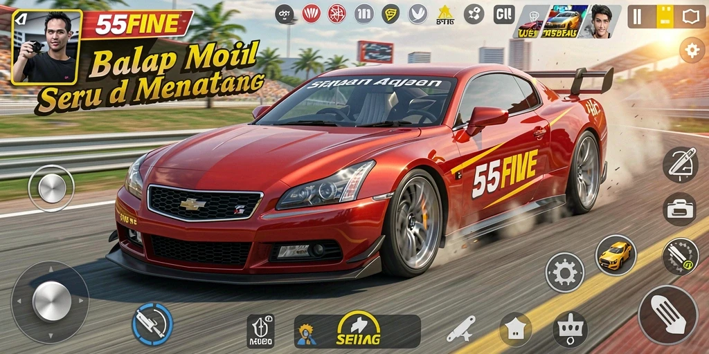 Screenshot gameplay 55FIVE menampilkan mobil balap yang melaju di lintasan yang menantang.
