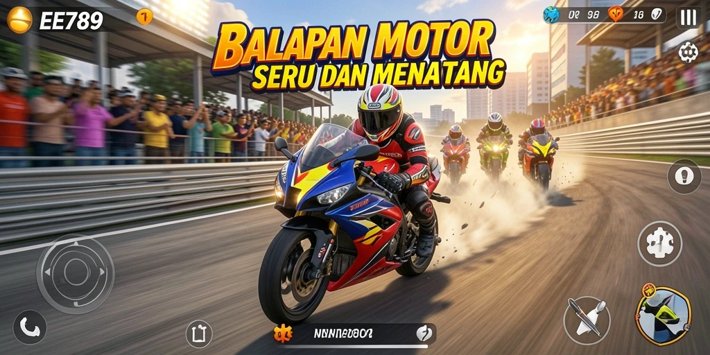 Tangkapan layar gameplay seru EE789 dengan balapan motor menegangkan.