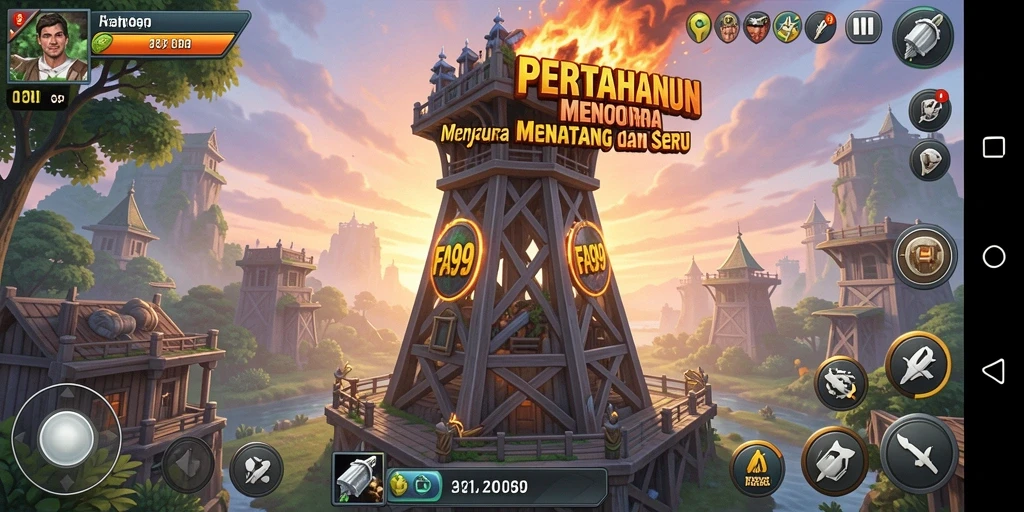 Tampilan gameplay menara pertahanan FA99 yang menegangkan dan strategis.