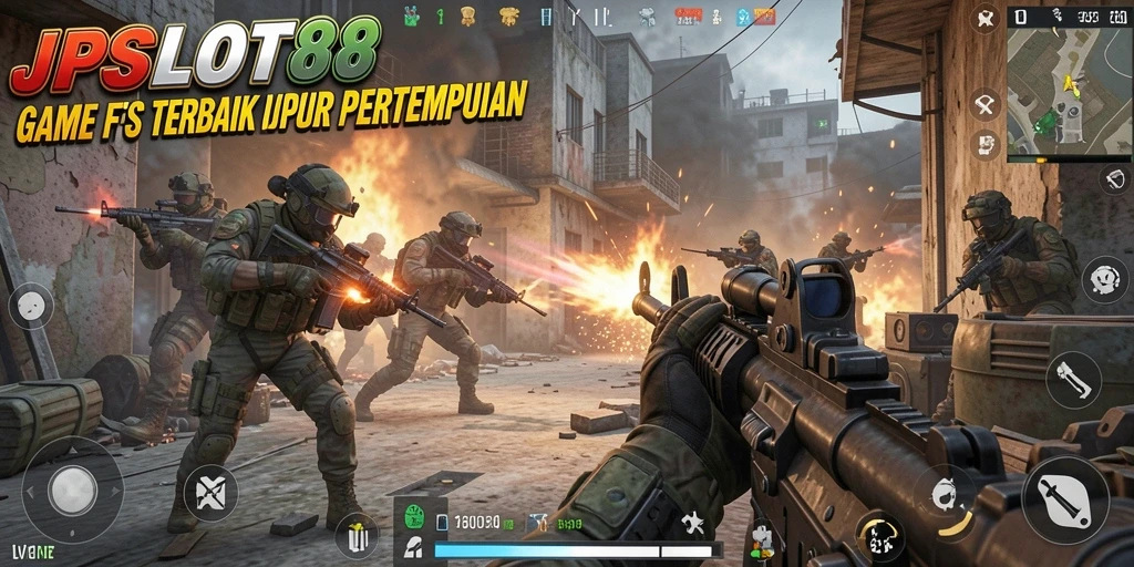 Screenshot utama JPSLOT88 menampilkan aksi tembak-menembak di medan perang.