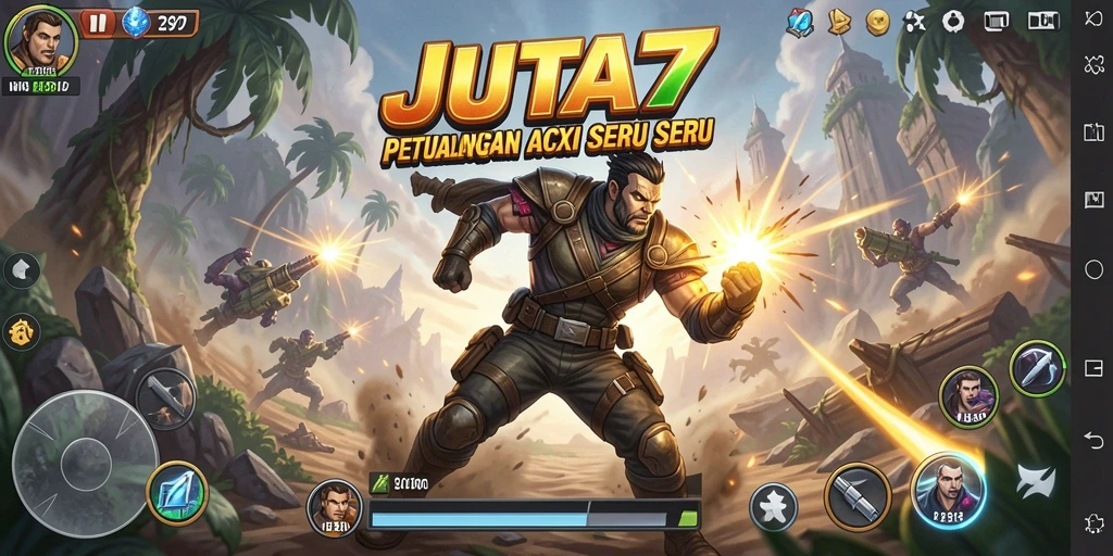 Screenshot JUTA7 menunjukkan aksi seru dengan desain grafis yang menarik.