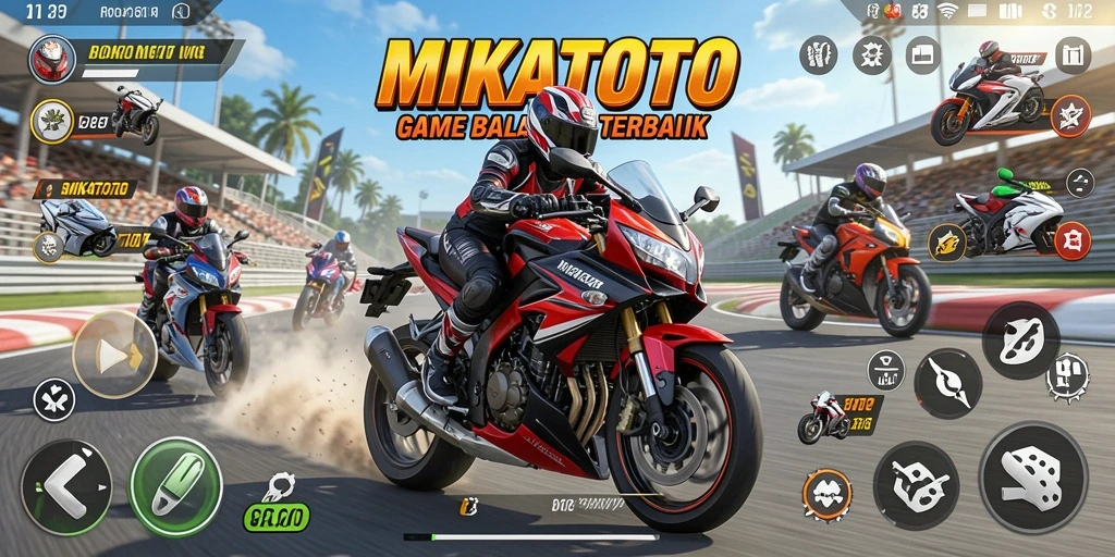 Tangkapan layar gameplay MIKATOTO yang menampilkan aksi balap motor yang intens.