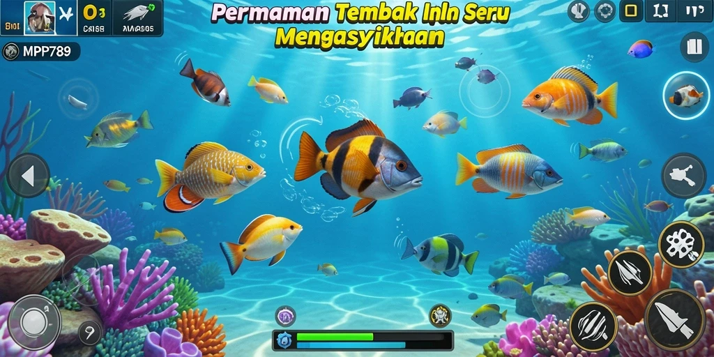 Screenshot menunjukkan pemain menembak ikan dalam game Tembak Ikan yang seru.
