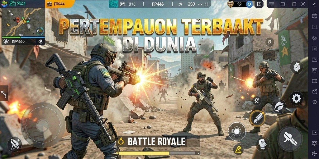 Tampilan gameplay seru PP444 dalam pertempuran Battle Royale.