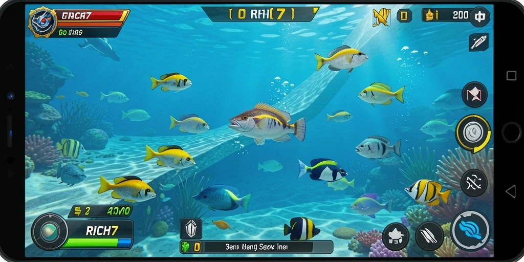 Screenshot RICH7 menampilkan gameplay Tembak Ikan yang mendebarkan.