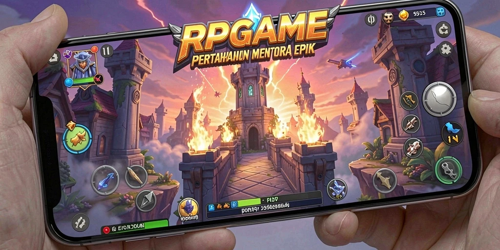 Screenshot menunjukkan aksi pertahanan menara yang menegangkan di RPGAME.
