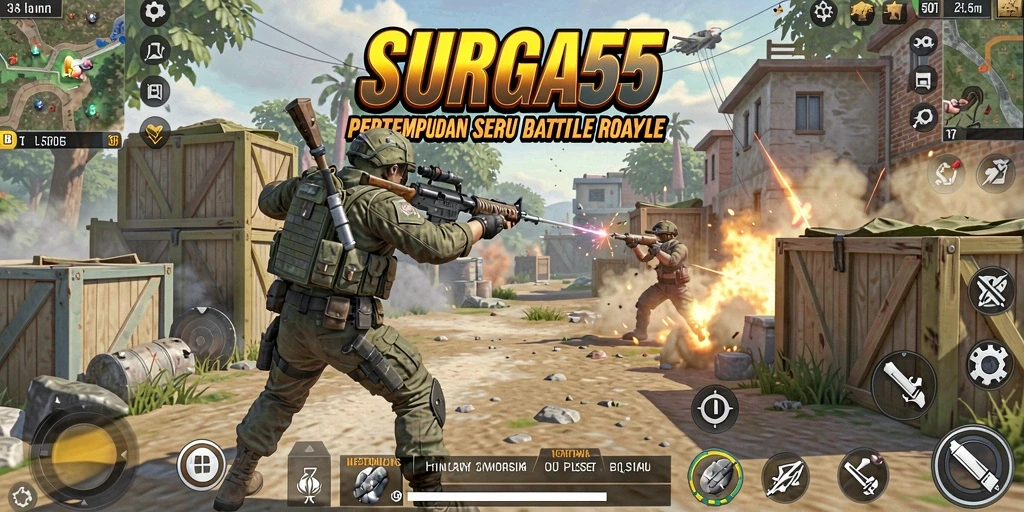 Tampilan gameplay SURGA55 dengan aksi Battle Royale yang intens.
