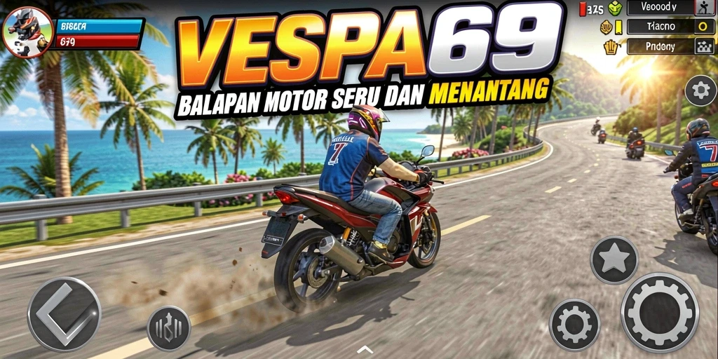 Tampilan seru gameplay VESPA69 dengan motor balap di trek.