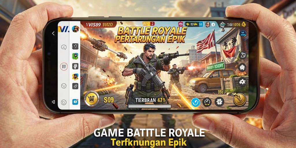 Tangkapan layar utama VISA89 menampilkan aksi pertempuran Battle Royale yang seru.