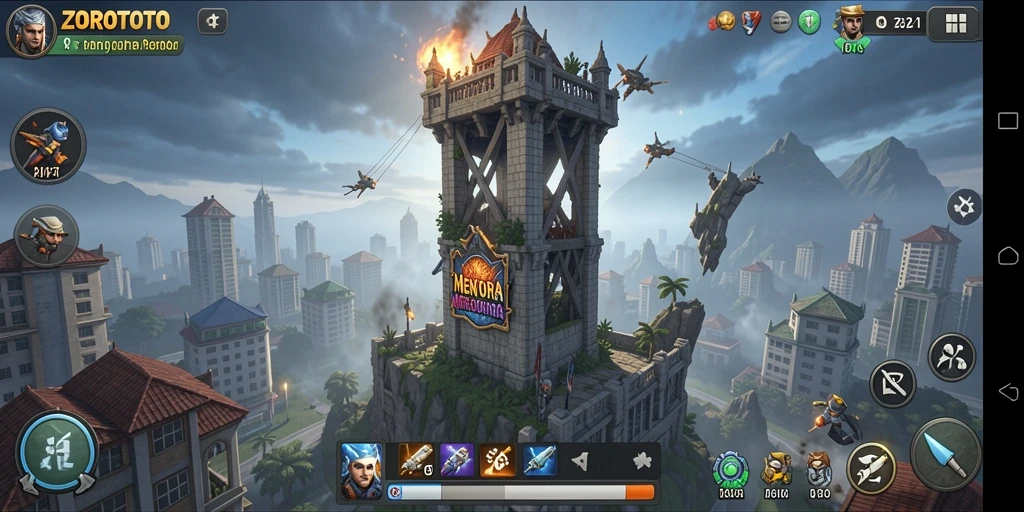 Tampilan gameplay seru dalam ZOROTOTO dengan menara dan musuh yang menegangkan.